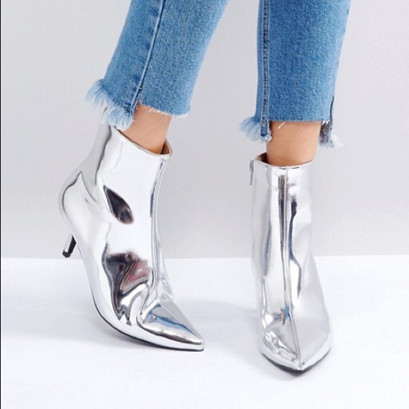 silver kitten heel ankle boots
